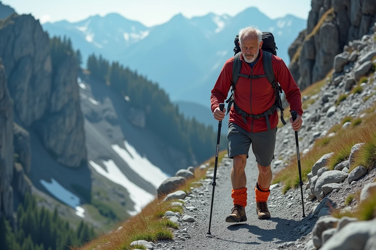 Randonneur descendant un pierrier escarpé sur le GR20 avec des bâtons de marche pour gérer la difficulté du sentier