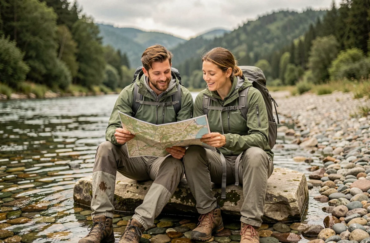 Deux randonneurs consultant une carte topographique lors d'une pause au bord de la rivière Vis