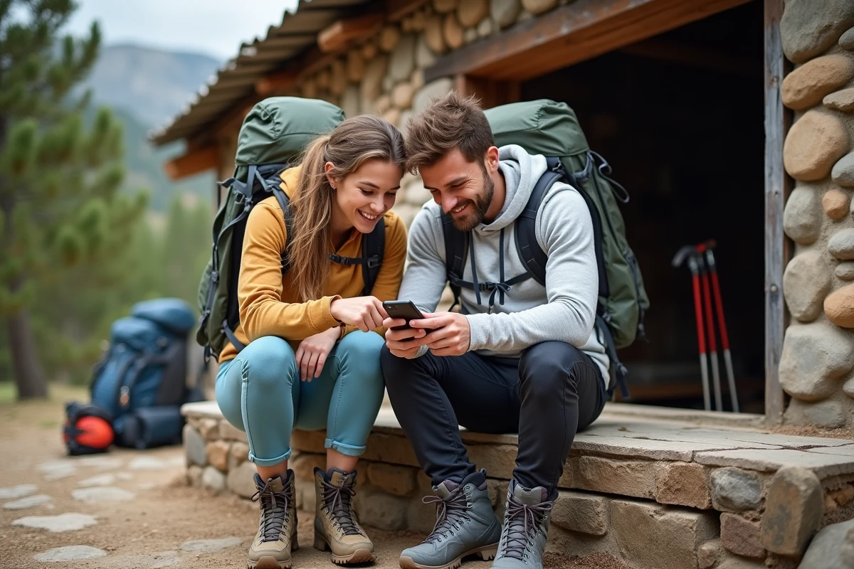 Deux randonneurs consultant une application de trail sur smartphone devant un refuge du GR20 pour planifier un itinéraire alternatif