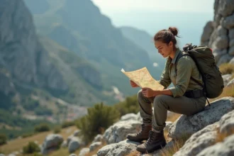 Randonneuse consultant une carte topographique sur un sentier rocheux du GR20 en Corse pour adapter son itinéraire
