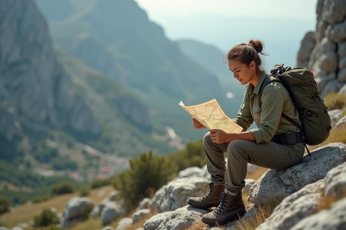 Randonneuse consultant une carte topographique sur un sentier rocheux du GR20 en Corse pour adapter son itinéraire