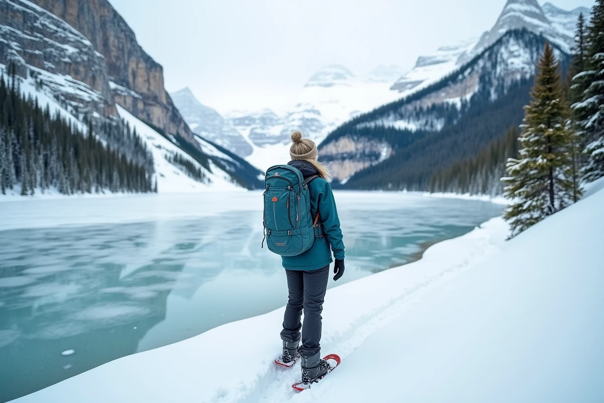 Randonneuse en raquettes au bord du lac Oeschinensee gelé en hiver avec falaises enneigées en arrière-plan