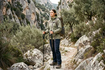 Randonneuse sur le sentier de la cascade de la Vis dans les gorges calcaires du Languedoc