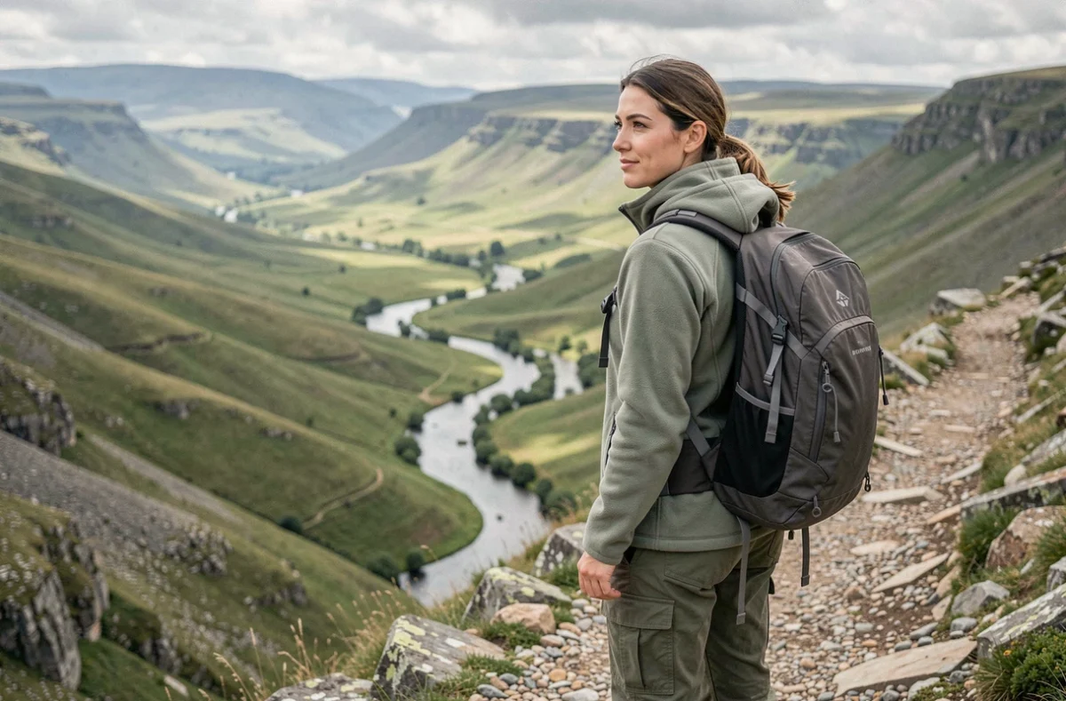Femme randonneuse en pause face à une vallée verdoyante lors d'un séjour nature économique en plein air
