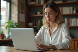 Femme planifiant un voyage Aguila OneStrip sur son ordinateur portable à l'avance depuis son bureau à domicile