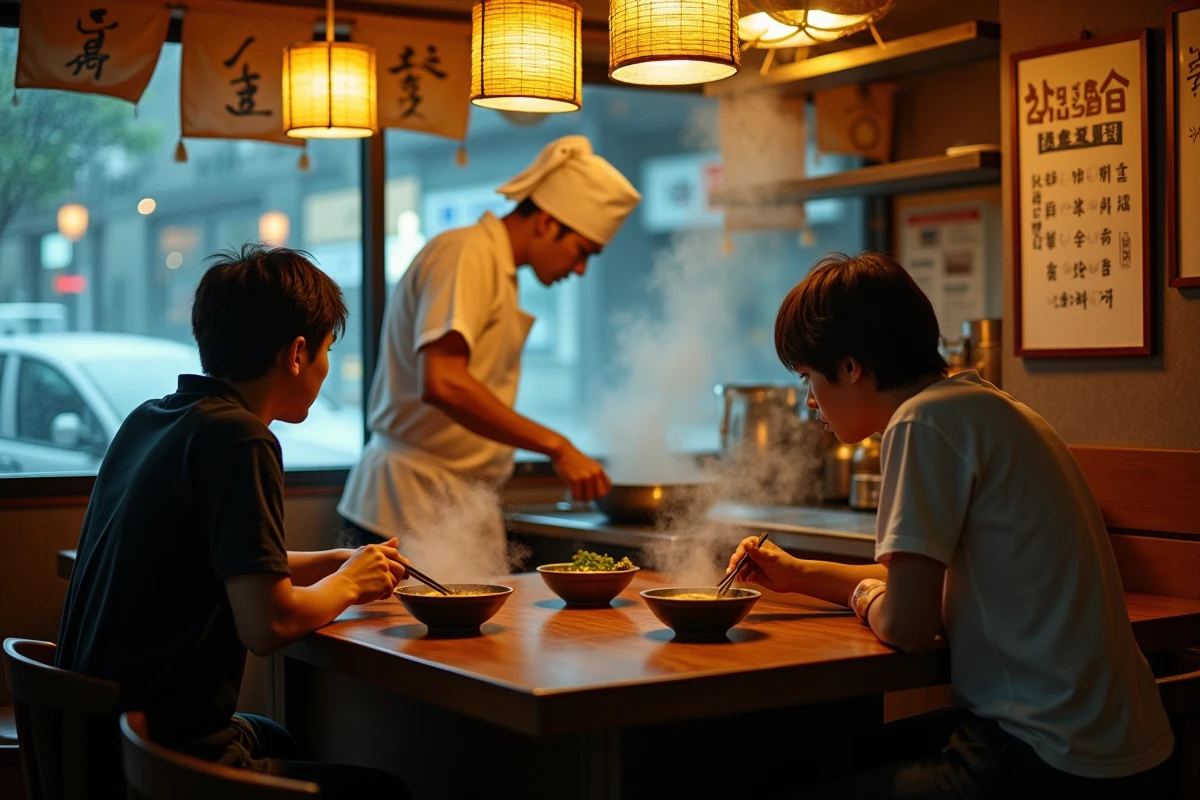 Un restaurant de ramen de nuit à Tokyo sous la pluie, avec un cuisinier en tablier blanc penchés sur une marmite fumante et des clients savourant leur bol au comptoir en bois dans une atmosphère chaleureuse et brumeuse.