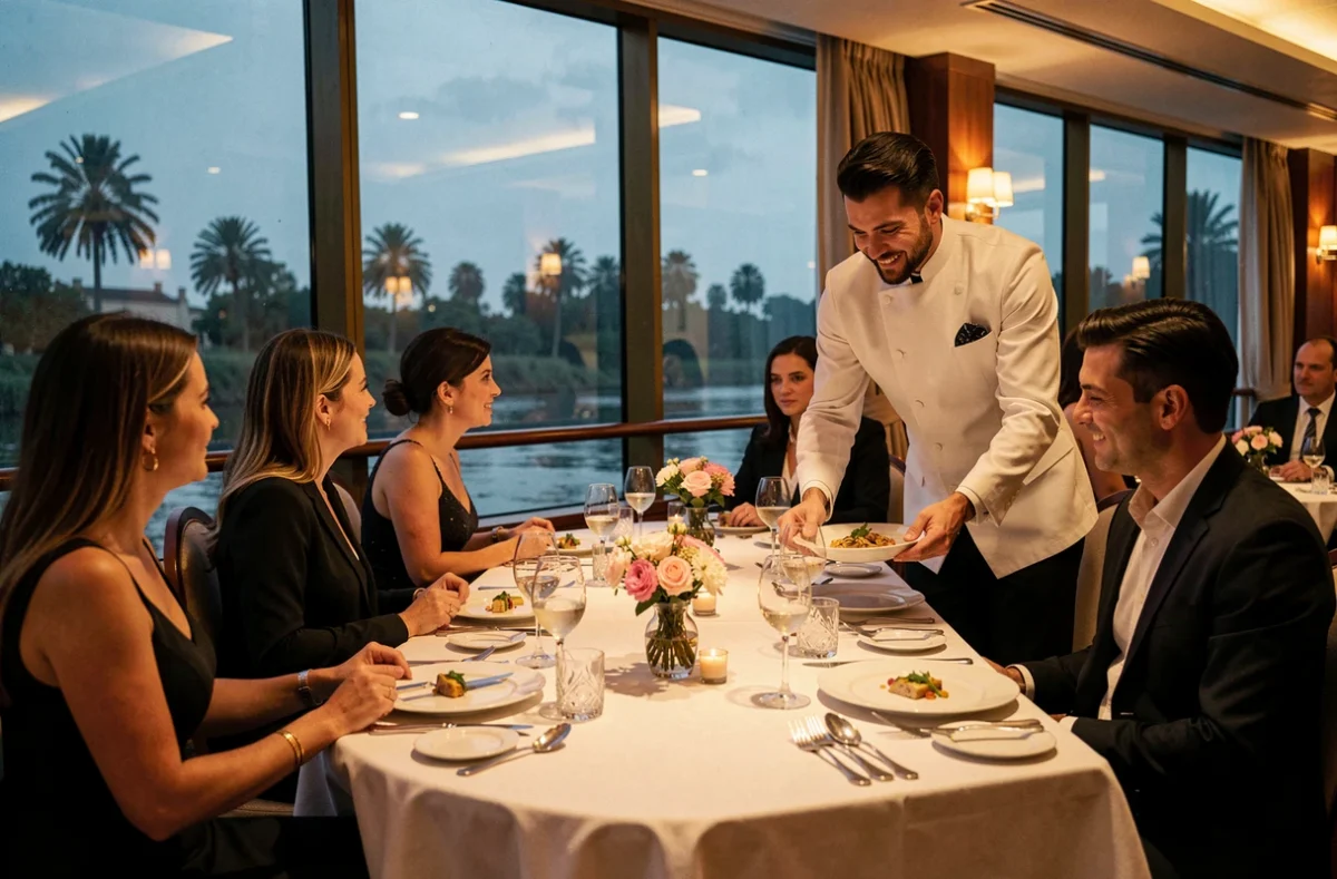 Salle à manger raffinée d'un bateau de croisière sur le Nil avec tables dressées et vue sur le fleuve au crépuscule