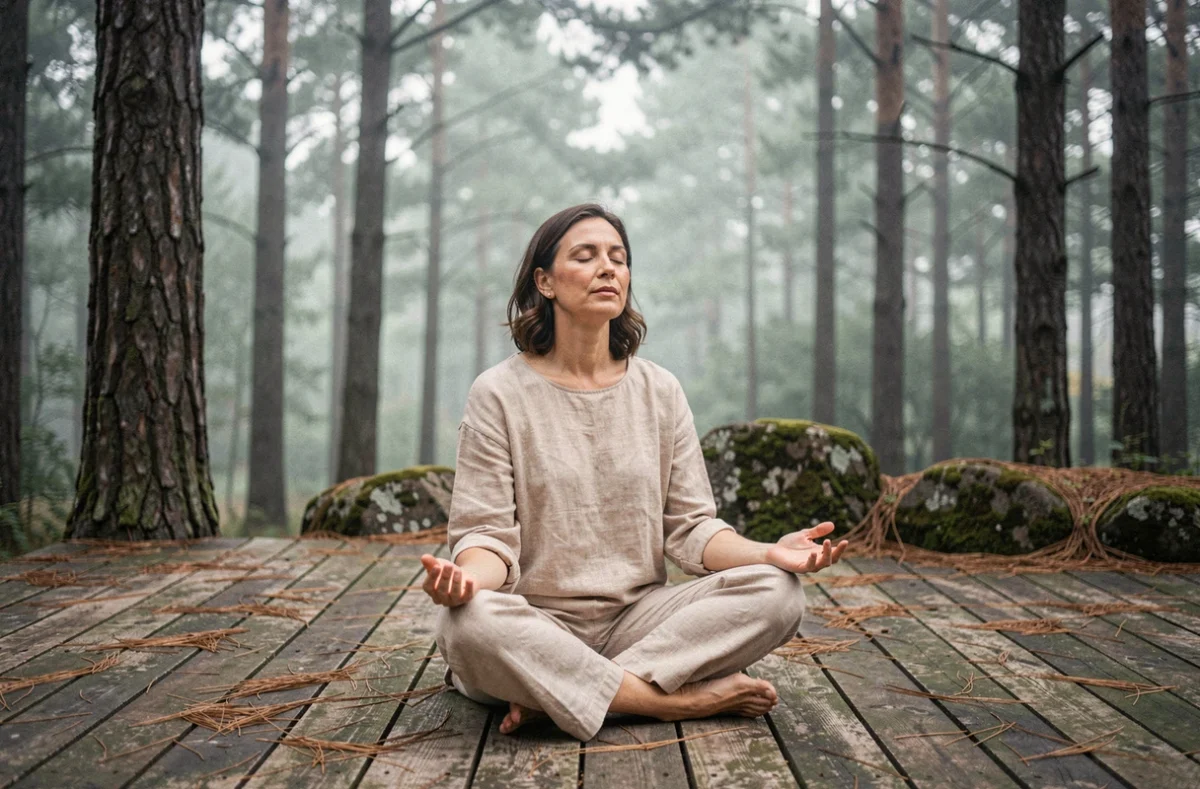 Femme en retraite spirituelle laïque méditant sur une terrasse en bois au cœur d'une forêt de pins, expression apaisée et sereine
