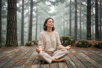 Femme en retraite spirituelle laïque méditant sur une terrasse en bois au cœur d'une forêt de pins, expression apaisée et sereine