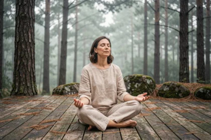 Femme en retraite spirituelle laïque méditant sur une terrasse en bois au cœur d'une forêt de pins, expression apaisée et sereine