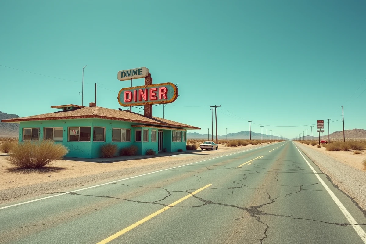 Diner vintage abandonné sur la Route 66 dans le désert Mojave, décor typique des films de road trip américains