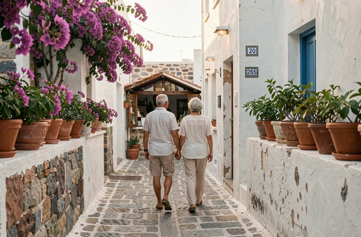 Couple se promenant dans une ruelle pittoresque de Folégandros avec des maisons blanches et des bougainvilliers violets typiques des Cyclades