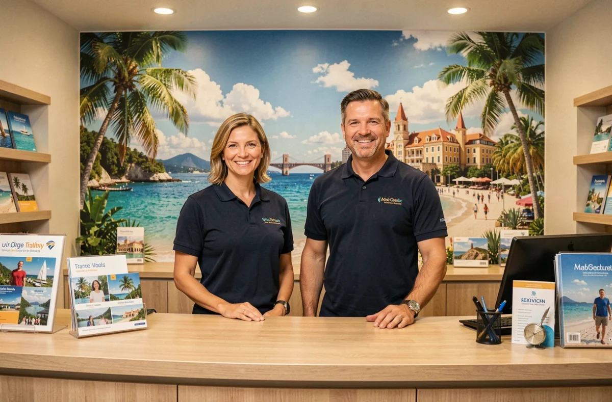 Deux conseillers des Baladins Selectour souriants derrière un comptoir d'agence avec une fresque murale colorée de destinations de voyage