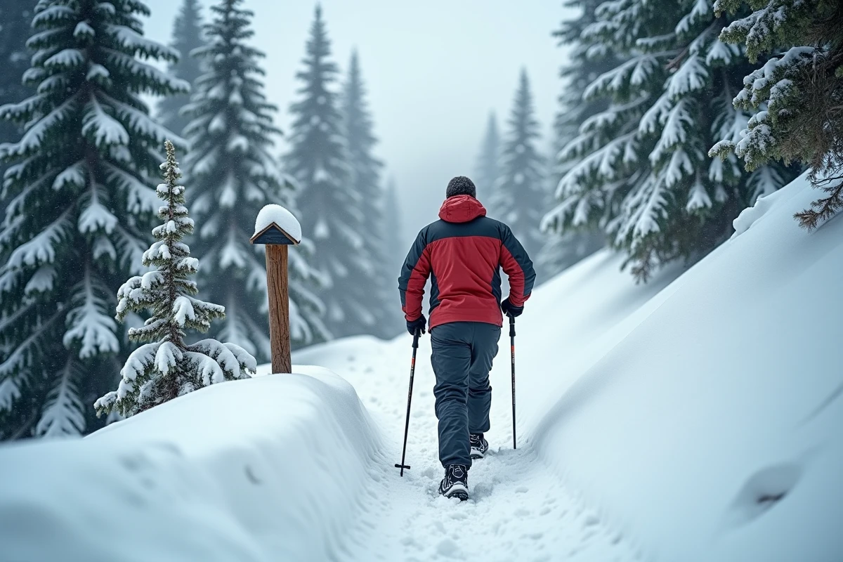 Randonneur sur un sentier hivernal balisé menant au lac Oeschinensee avec panneau indicateur enneigé