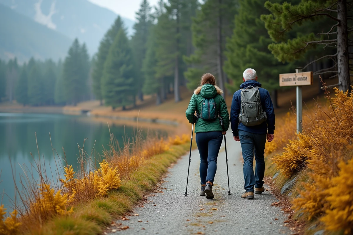 Deux randonneurs sur le sentier du tour du lac de Gérardmer en automne, entourés de forêt de pins et de fougères dorées