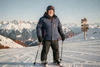 Skieur corpulent au sommet d'une piste groomed de La Plagne avec les Alpes en arrière-plan