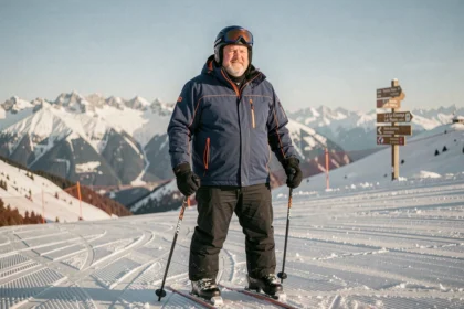 Skieur corpulent au sommet d'une piste groomed de La Plagne avec les Alpes en arrière-plan