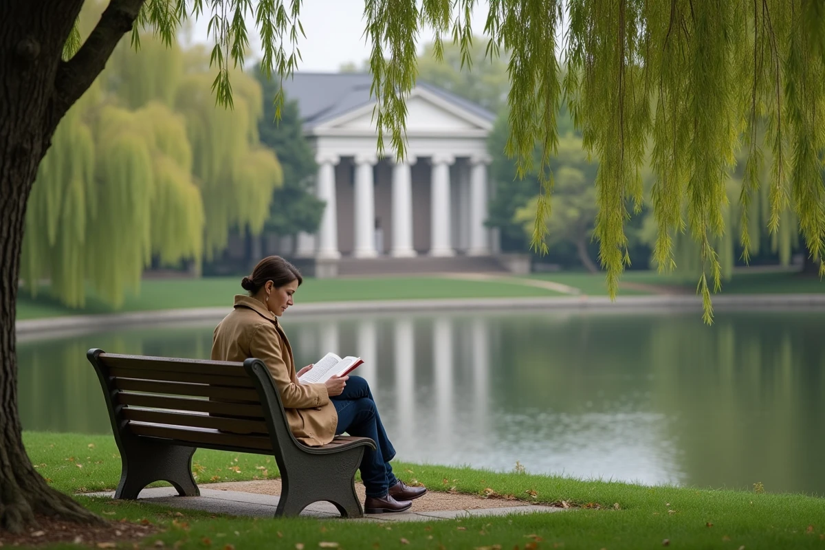 Femme lisant sur un banc au bord du lac du Snug Harbor Cultural Center à Staten Island