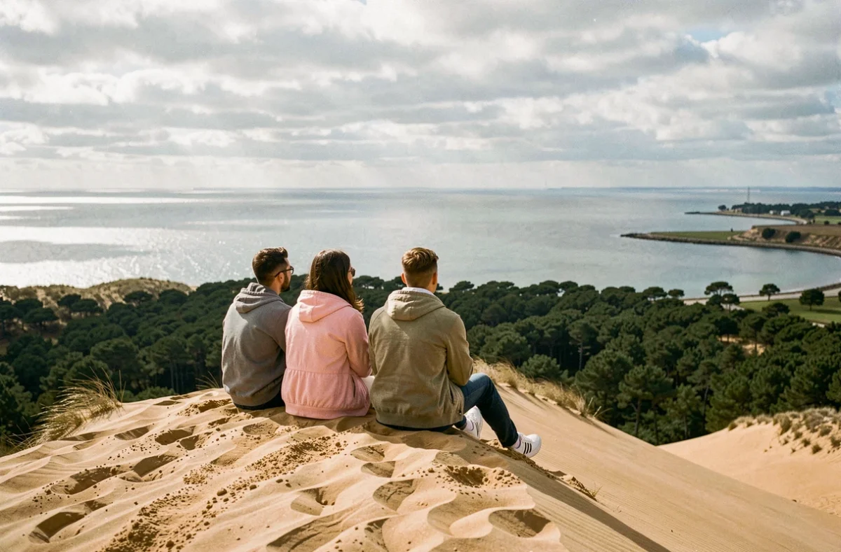 Groupe d'amis au sommet de la Dune du Pilat avec vue panoramique sur le Bassin d'Arcachon