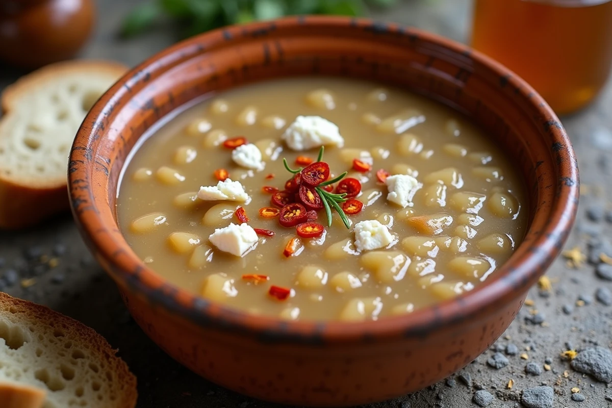 Bol de soupe trahanas traditionnelle garnie de feta émiettée et de piment séché, spécialité culinaire de Macédoine grecque