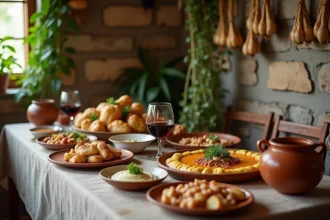 Table de taverne traditionnelle en Macédoine grecque avec des spécialités locales comme la spanakopita, le bourek et la soupe aux haricots blancs