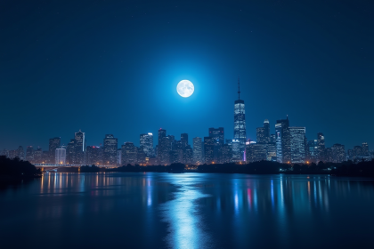 Supermoon bleu brillant au-dessus de la ville la nuit