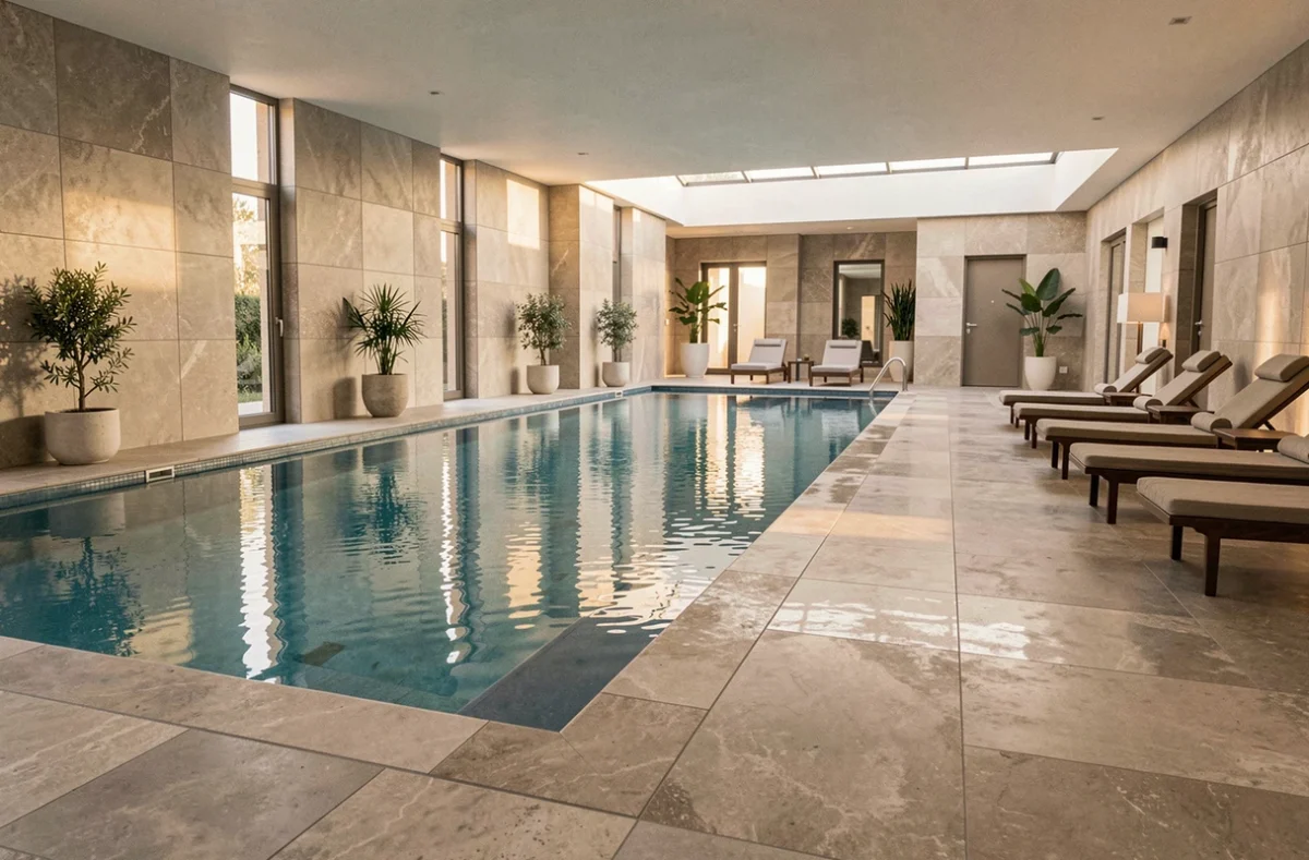 Piscine intérieure moderne de l'hôtel T'aim à Compiègne avec carrelage élégant et chaises longues