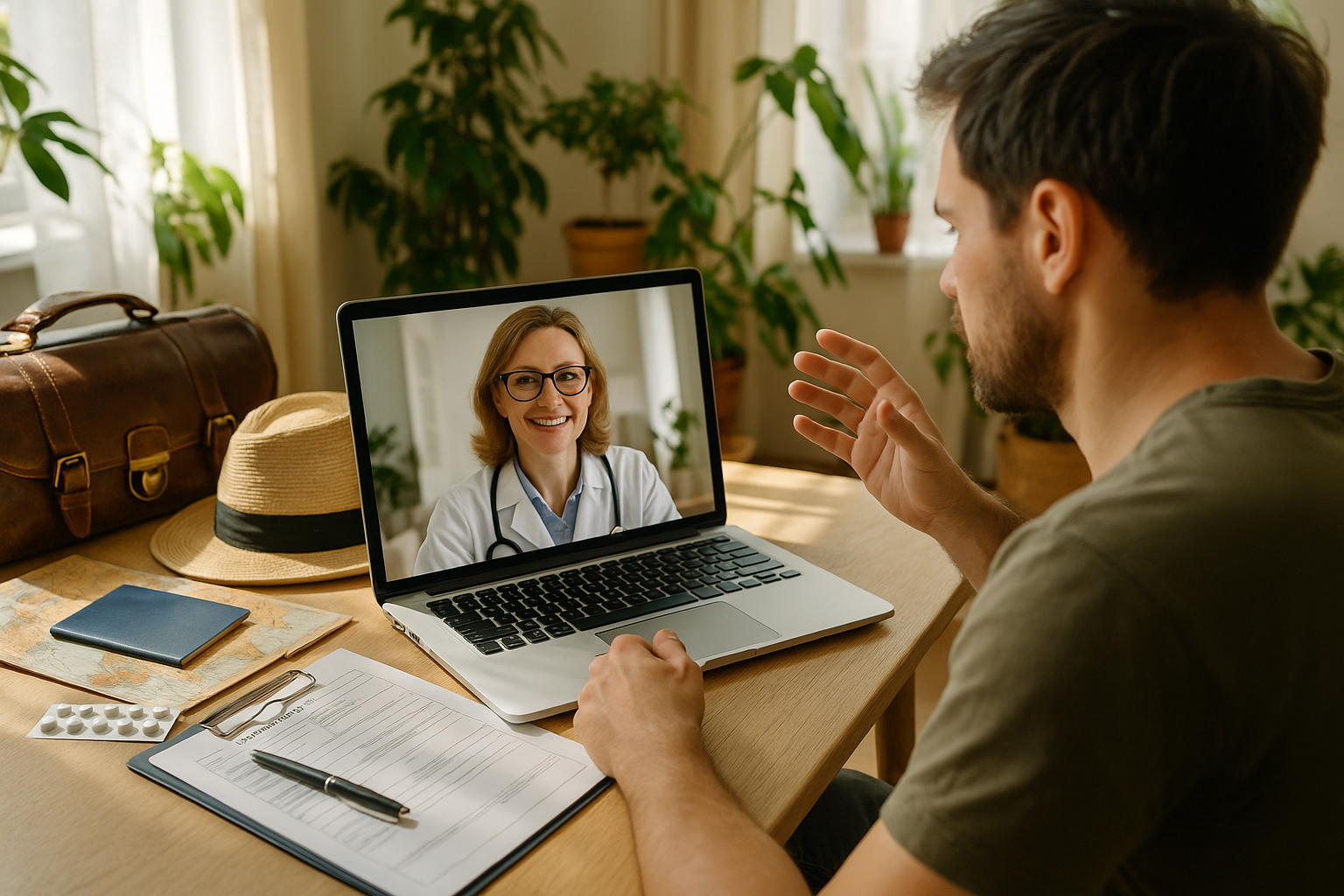 Patient expatrié en téléconsultation médicale à domicile avec médecin à l