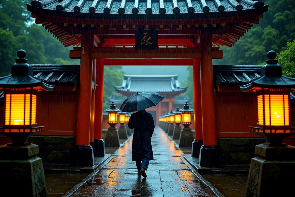 Un sanctuaire shinto de Tokyo sous la pluie nocturne, avec un torii vermillon luisant, des lanternes en pierre éclairant un chemin pavé mouillé et un visiteur solitaire sous un parapluie traditionnel.