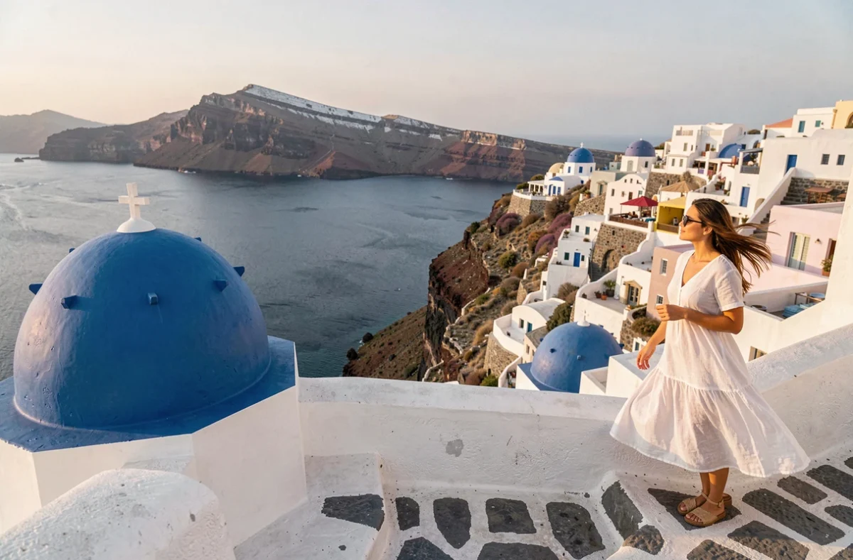 Femme en robe blanche sur une terrasse de Santorin avec vue sur la caldeira et les dômes bleus emblématiques de l'île
