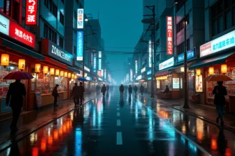 Tokyo sous la pluie nocturne : une intersection animée avec des néons colorés se reflétant dans les flaques, des passants sous des parapluies et une atmosphère urbaine dense et brumeuse.