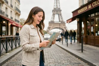 Touriste consultant une carte papier dans une rue pavée parisienne avec la Tour Eiffel en arrière-plan flou
