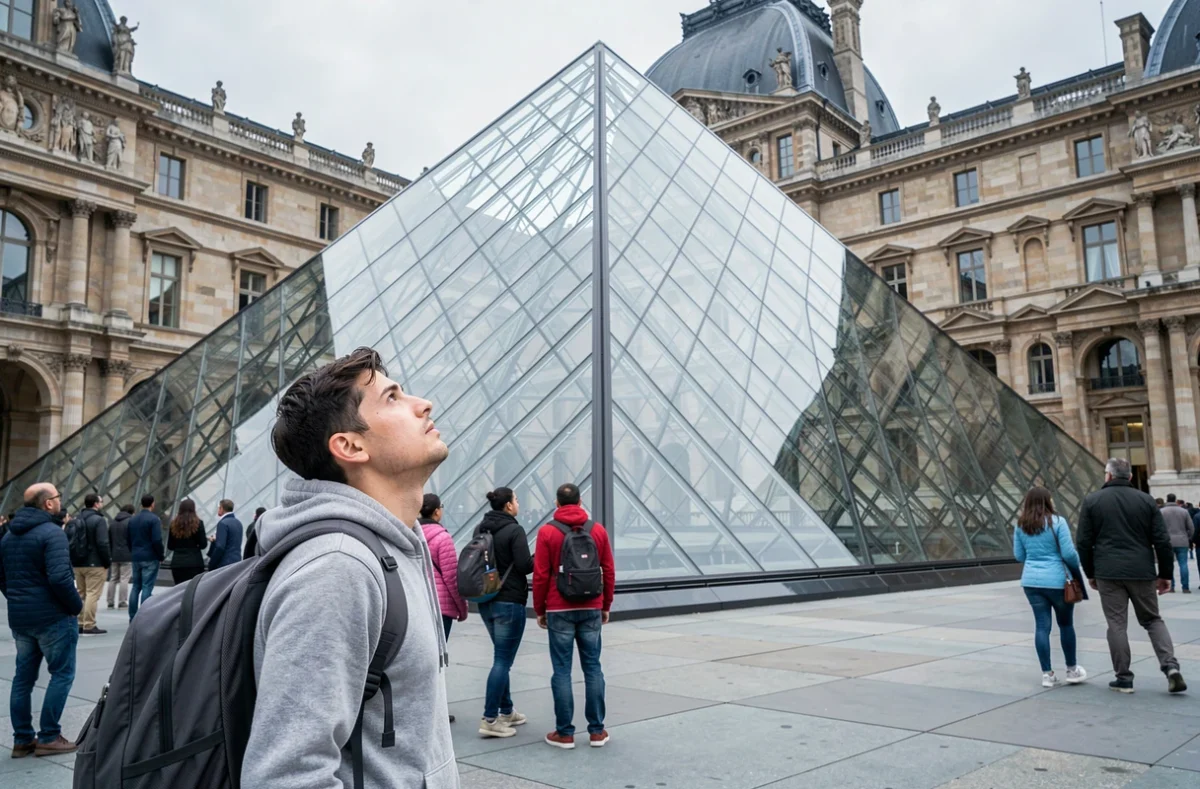 Jeune touriste admirant la pyramide du Louvre depuis la cour Napoléon entourée de visiteurs internationaux