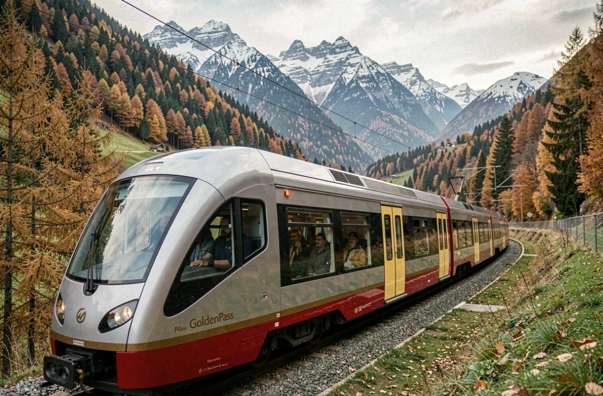 Train panoramique GoldenPass traversant une vallée alpine suisse en automne avec vue sur les montagnes enneigées
