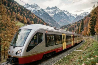 Train panoramique GoldenPass traversant une vallée alpine suisse en automne avec vue sur les montagnes enneigées