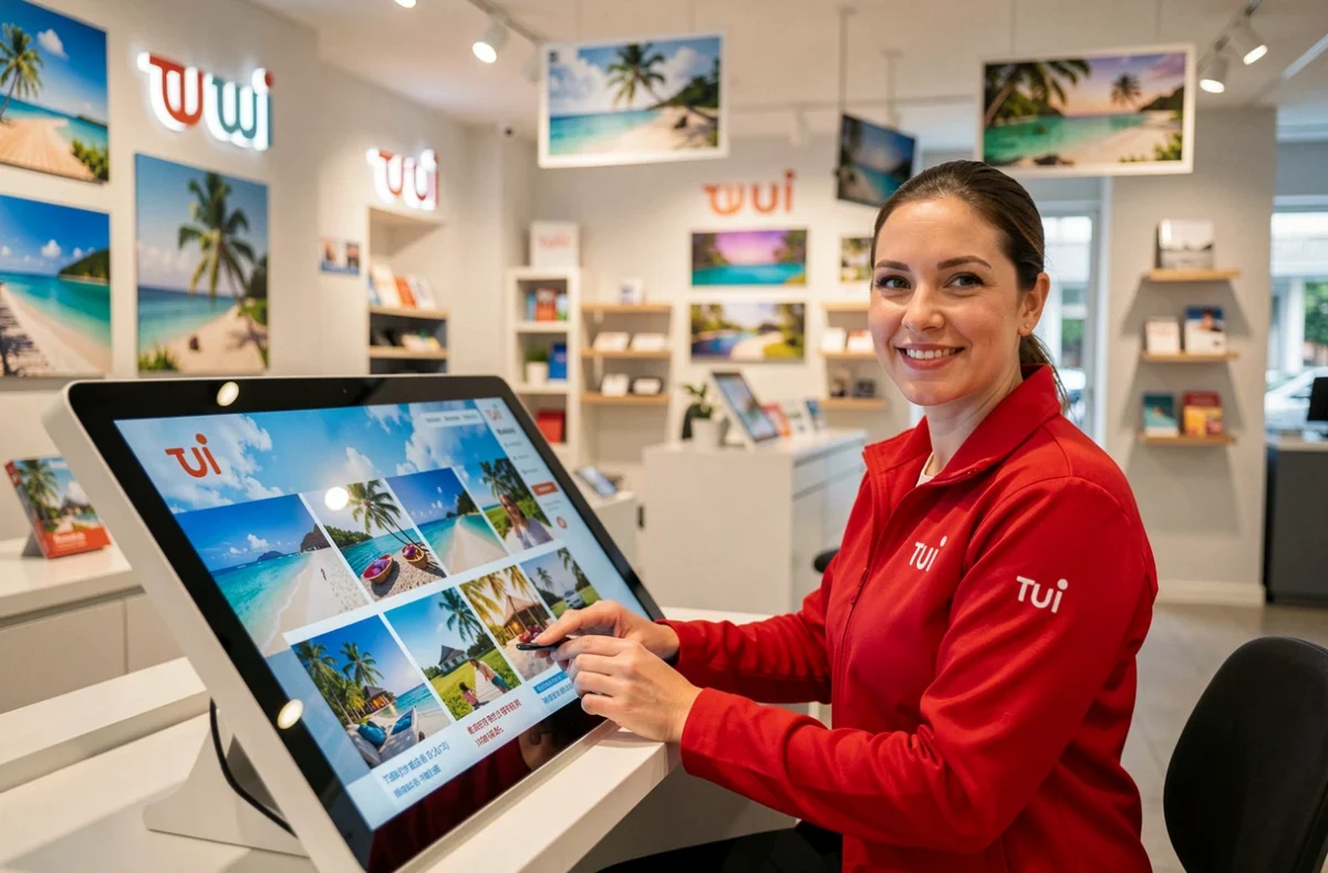 Conseillère TUI en veste rouge de marque présentant des offres de vacances sur un écran tactile dans une agence TUI moderne