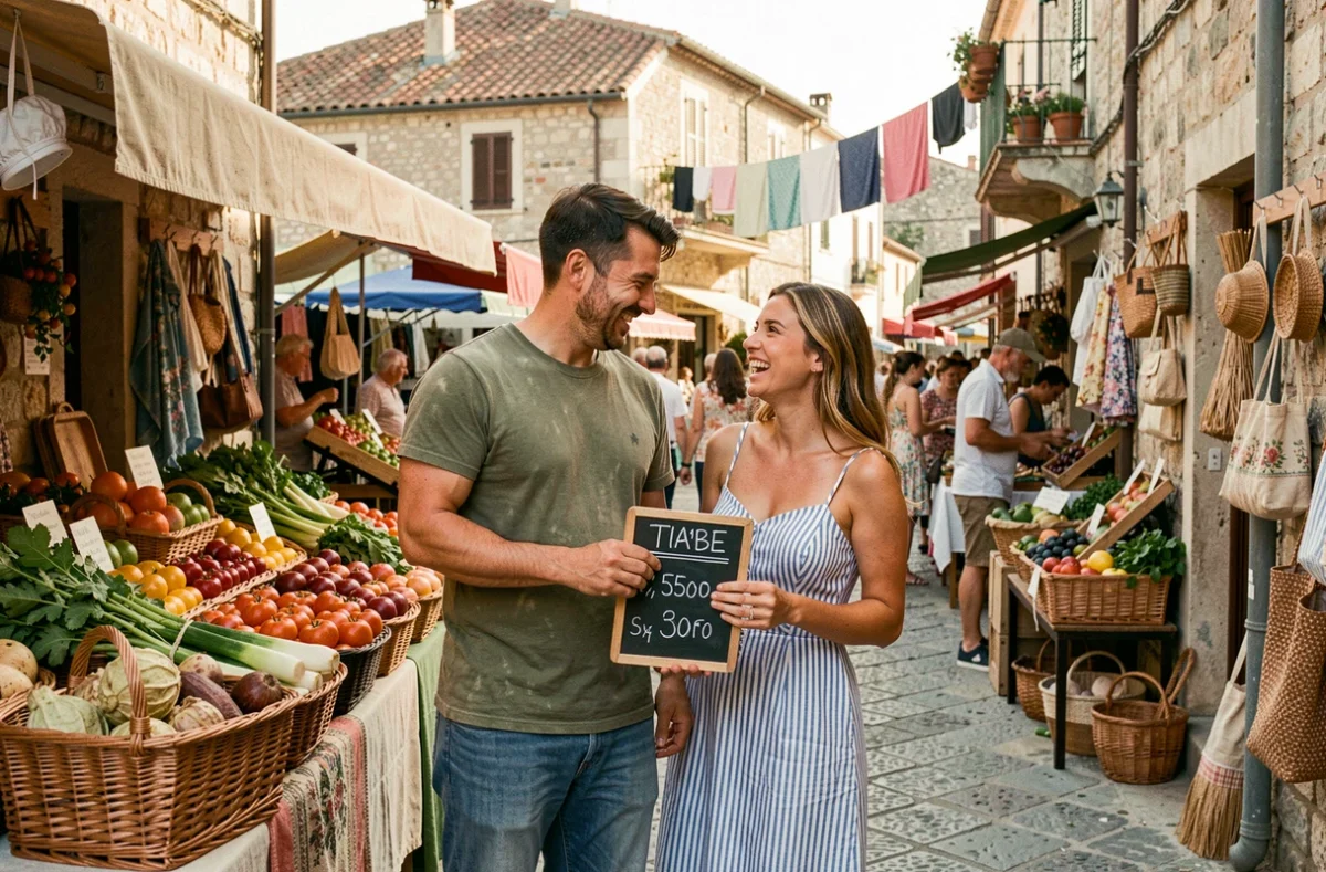 Couple souriant découvrant un marché local coloré dans un village méditerranéen pendant des vacances économiques