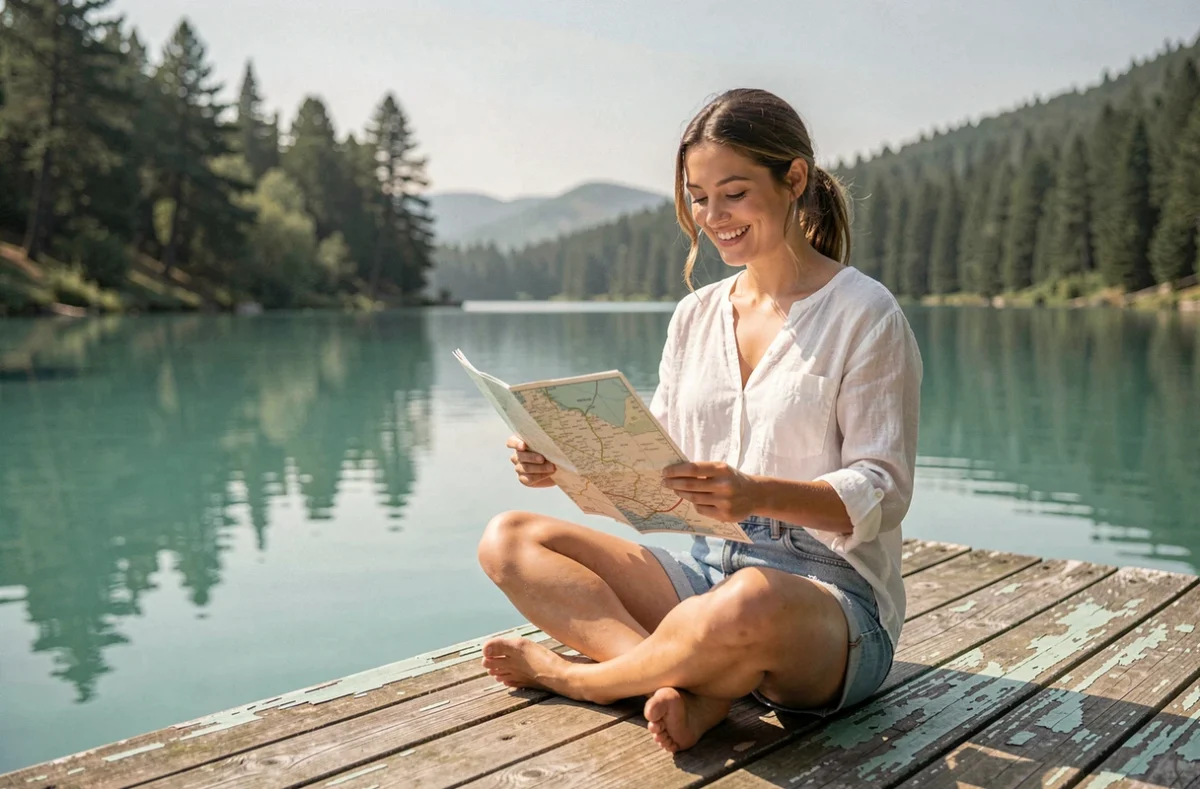 Jeune femme consultant une carte papier sur un ponton en bois au bord d'un lac turquoise lors de vacances à petit budget