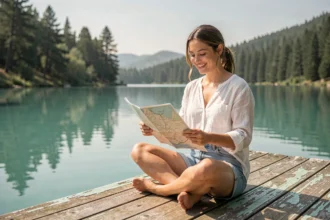 Jeune femme consultant une carte papier sur un ponton en bois au bord d'un lac turquoise lors de vacances à petit budget