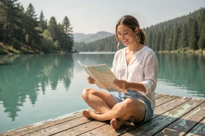 Jeune femme consultant une carte papier sur un ponton en bois au bord d'un lac turquoise lors de vacances à petit budget