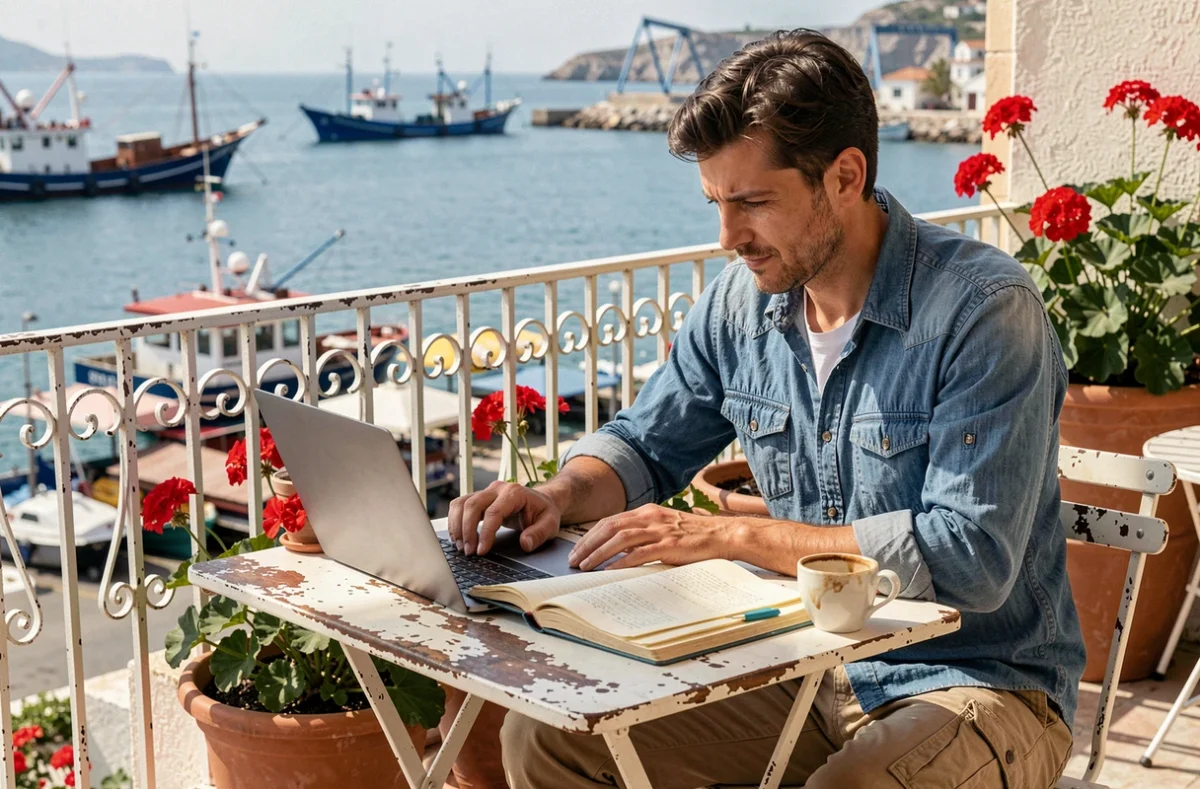 Voyageur solo planifiant son itinéraire à petit budget sur une terrasse de café avec vue sur un port de pêche