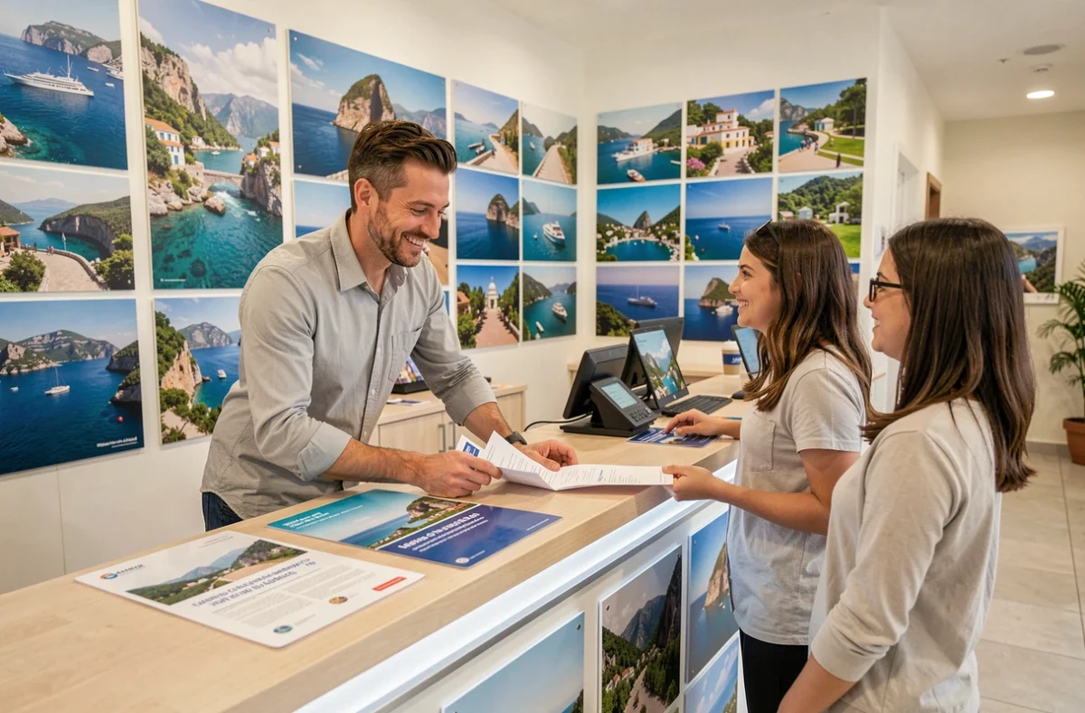 Conseiller de Val Voyages présentant des documents de voyage à un couple dans une agence moderne décorée de photos de destinations