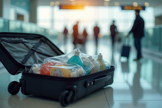 Valise de voyage ouverte avec liquides en bagage cabine