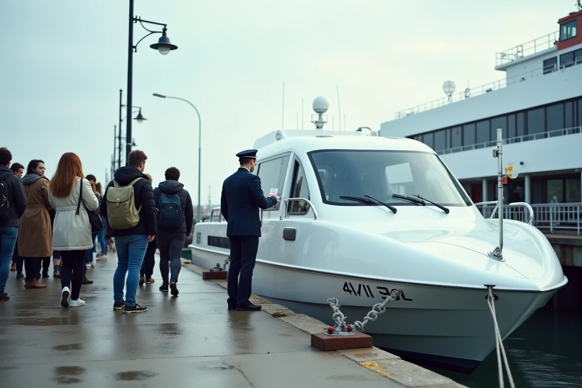 Vedette rapide passagers amarrée au quai du port de Lorient avec marin vérifiant les billets des voyageurs