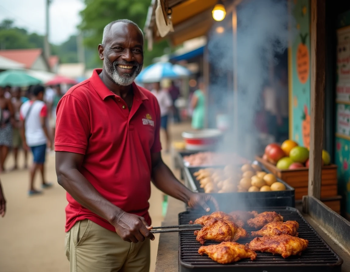 Vendeur jamaïcain souriant servant du jerk chicken dans un marché animé de Kingston en Jamaïque