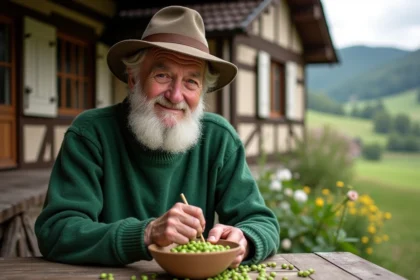Homme bavarois âgé shellant des pois dans un cadre rural