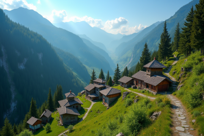 Village de montagne entouré de forêts vertes et maisons en bois