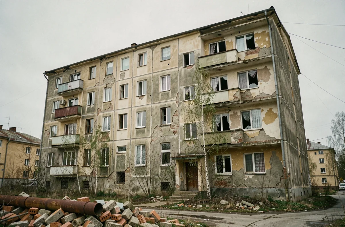Immeuble soviétique abandonné avec façade décrépite, fenêtres brisées et végétation envahissante dans une ville fantôme d'Europe de l'Est
