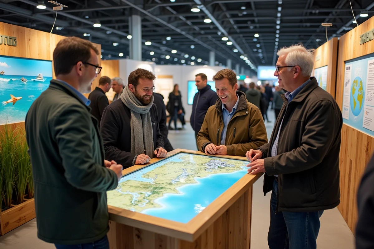 Groupe de visiteurs autour d'un stand éco-navigation au Salon du nautisme de Paris, carte et infographies de navigation durable