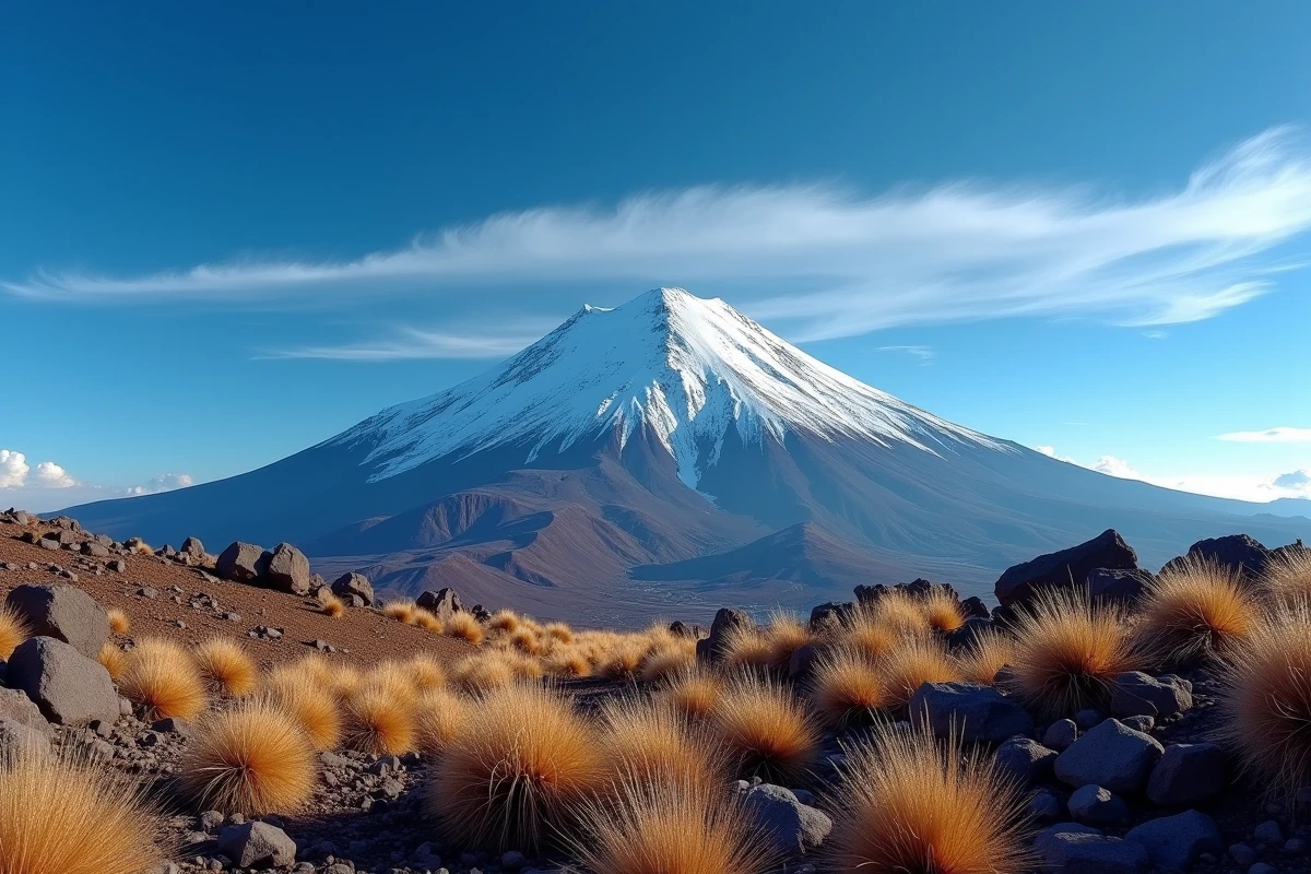 Volcan Chimborazo enneigé dominant le páramo andin sous un ciel bleu cobalt en Équateur